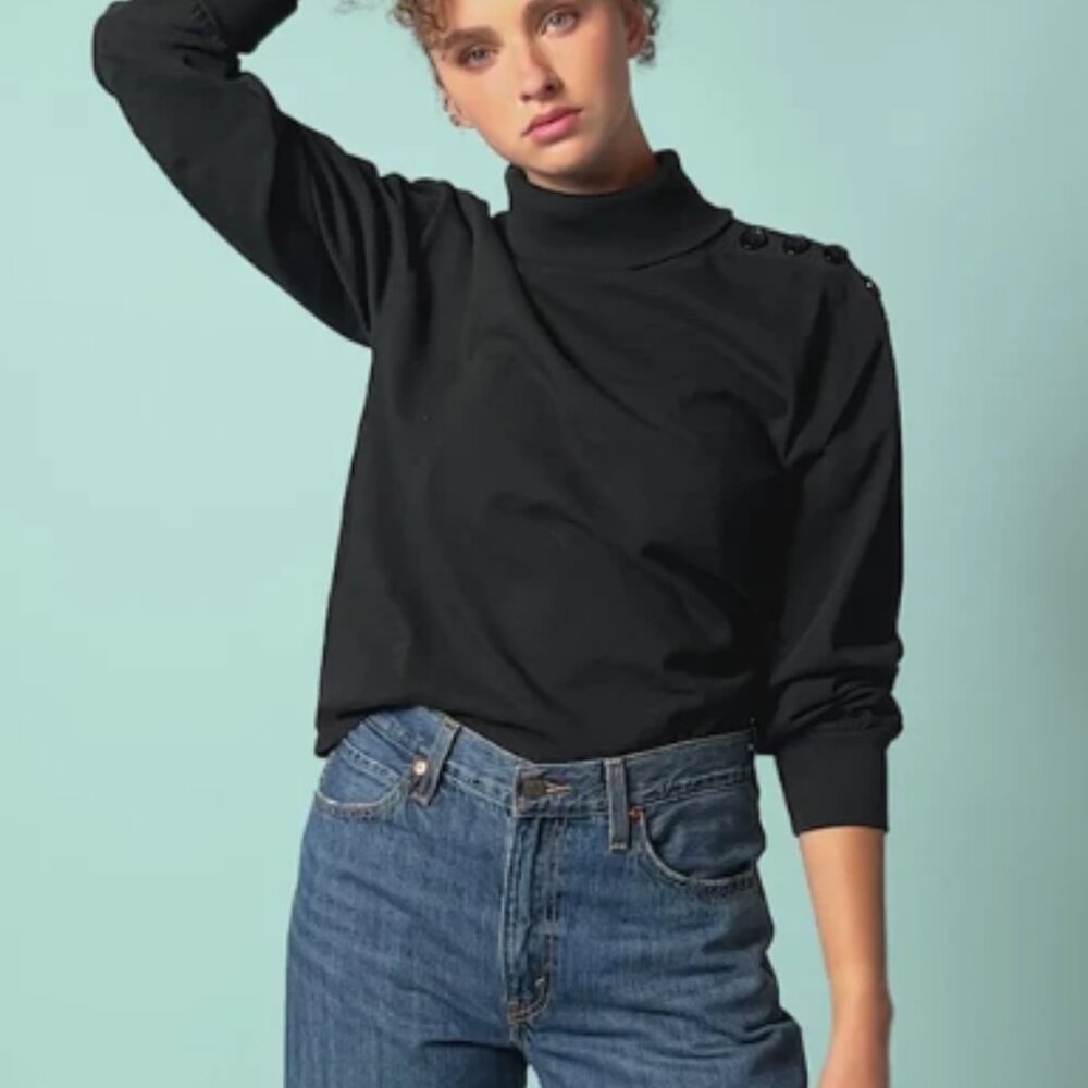 Nation Ltd  Black Turtleneck Top Long Sleeve Button Shoulder Size S Relaxed Fit